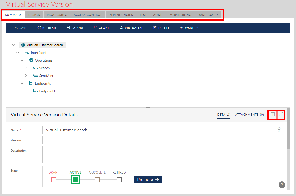 Top level tabs for a virtual service version Repository item