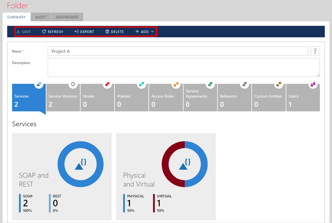 Example. Toolbar buttons for a Repository folder item