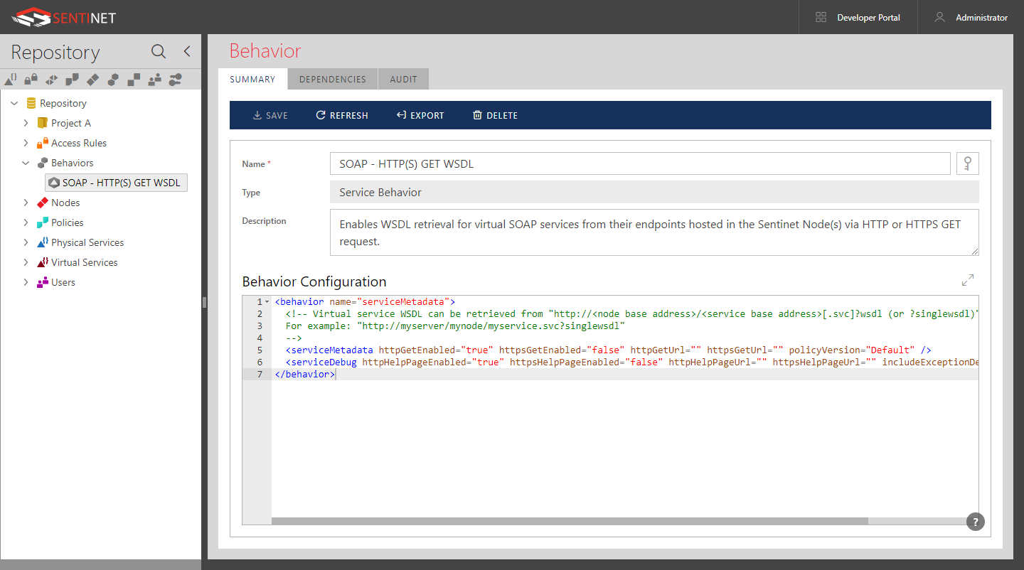 Sentinet predefined SOAP - HTTP(S) GET WSDL shared Service Behavior