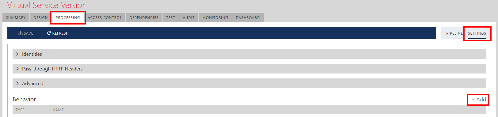 Assign service Behavior from service version's tab