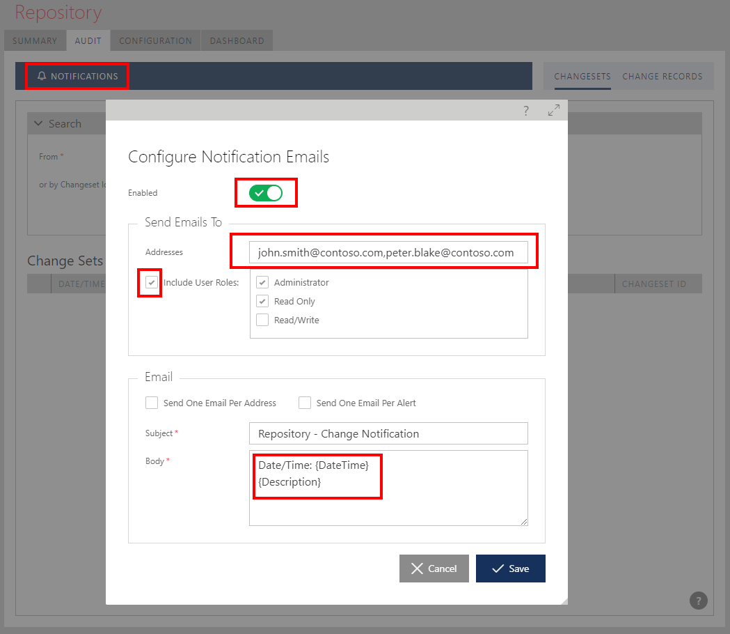 Configure Notification Emails dialog